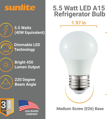 41564-SU LED A15 Refrigerator Light Bulb, 5.5 Watts (40W Equivalent), 450 Lumens, Medium Base (E26), Dimmable, Frosted Finish, UL Listed, Energy Star, 27K - Warm White, 6 Pack